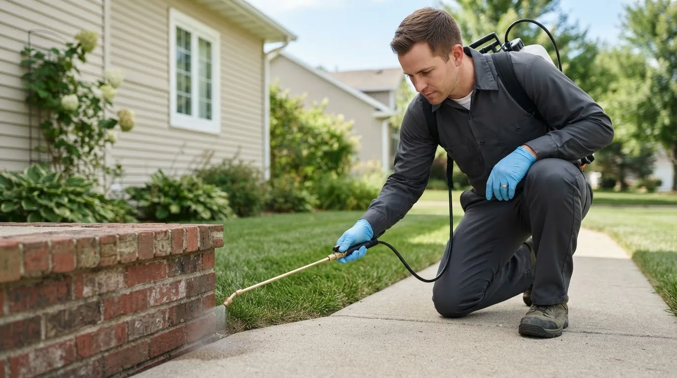 Pest control technician treating a home near Tracy, IA