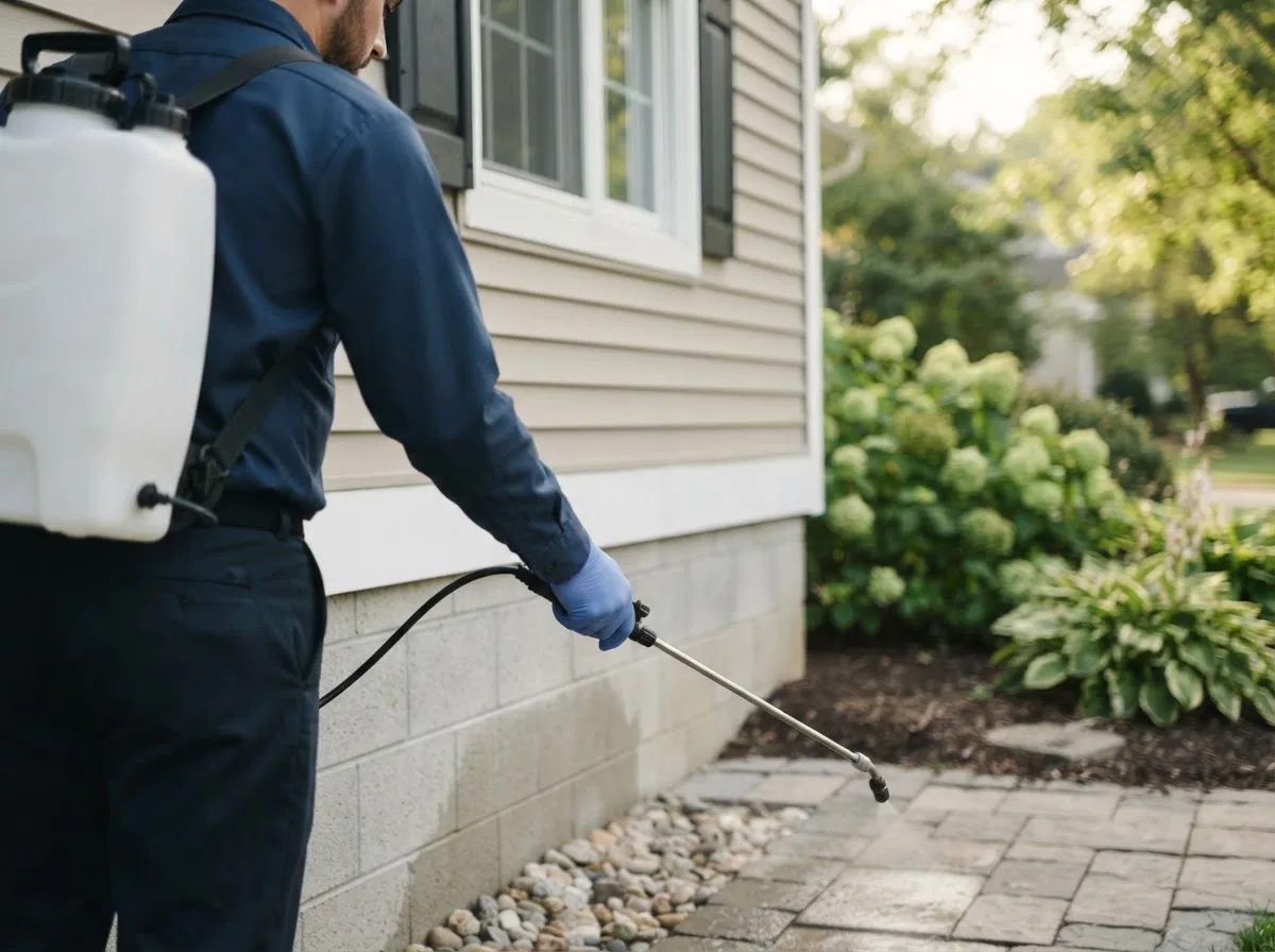 Pest control technician inspecting a home in Tracy, IA